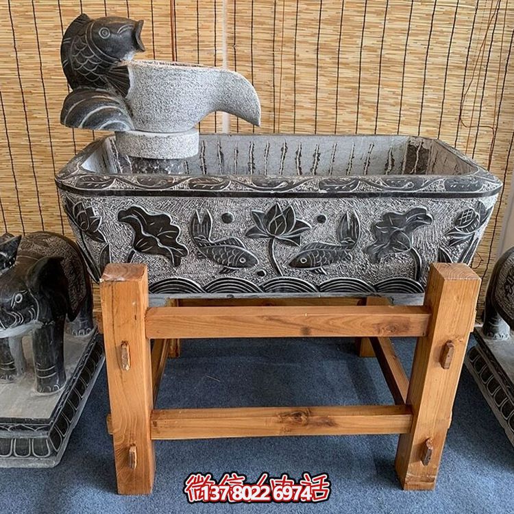青石仿古长方形庭院荷花流水鱼缸雕塑