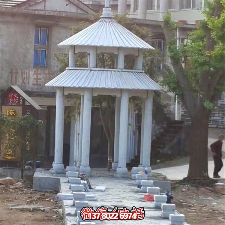 精美大理石雕刻二层凉亭，为农村文化广场添彩