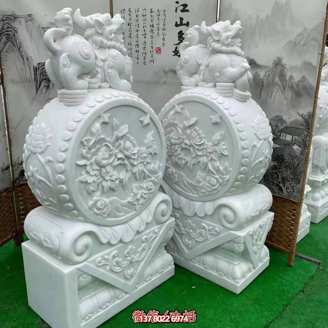 天然优质汉白玉浮雕麒麟抱鼓石，装点你的庭院门口