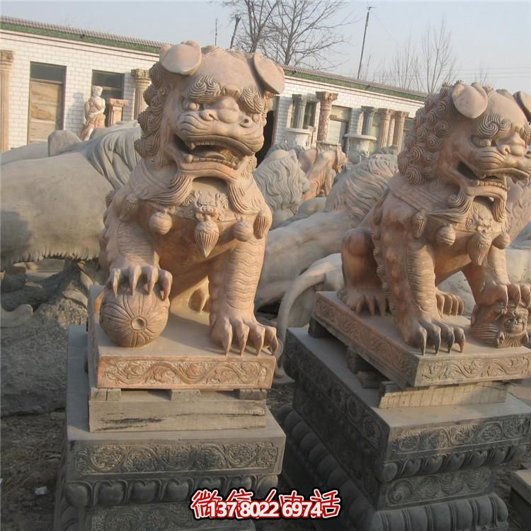 红色晚霞大理石狮子雕塑