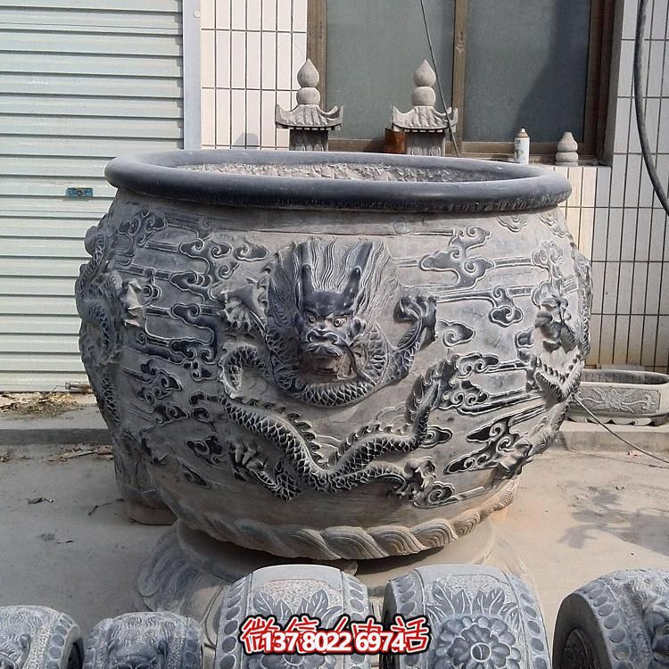 石雕仿古旧圆形装饰缸，精美外观，多功能应用