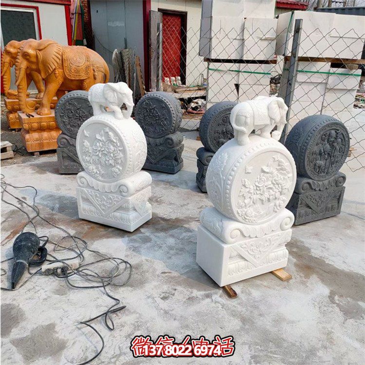 汉白玉小象抱鼓石雕精细装点庭院门外门墩
