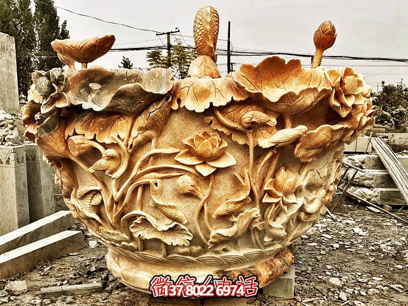 晚霞红莲花石雕鱼缸雕塑