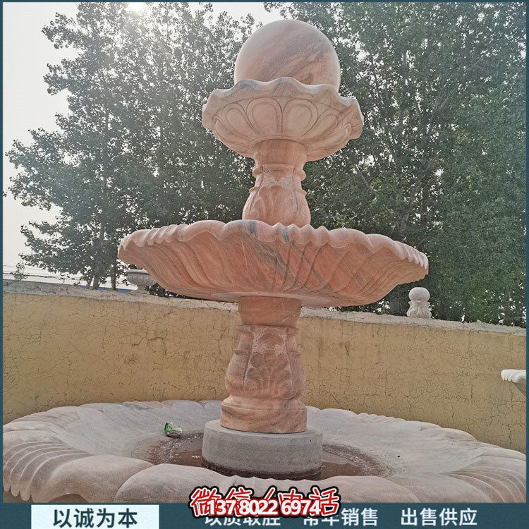 红大理石石雕园林喷泉，展现绚烂晚霞