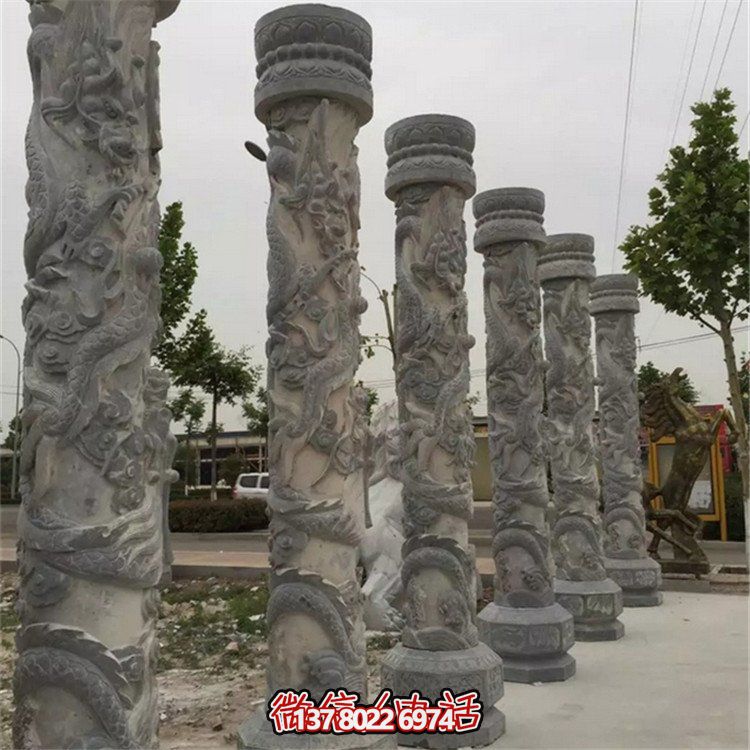 天然大理石浮雕龙盘柱，装饰园林广场的精美摆件