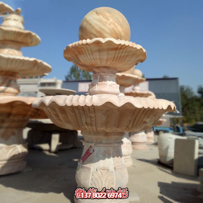 私家庭院风水红景观，点缀晚霞梦幻雕塑喷泉