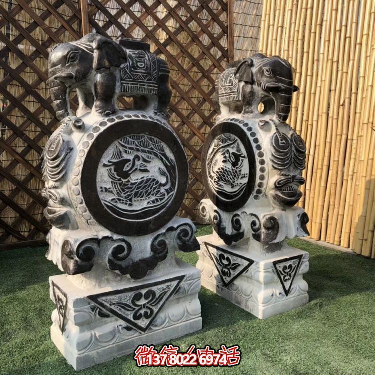 精美雕刻大理石小象抱鼓摆件