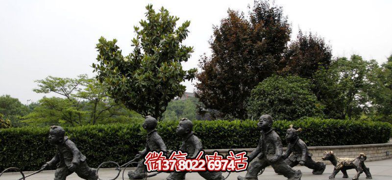 推铁环，儿童奔跑，公园雕塑铜雕