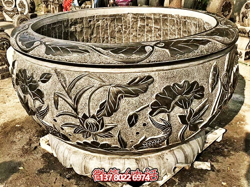 精美大理石浮雕莲花缸，现代庭院装饰雕塑