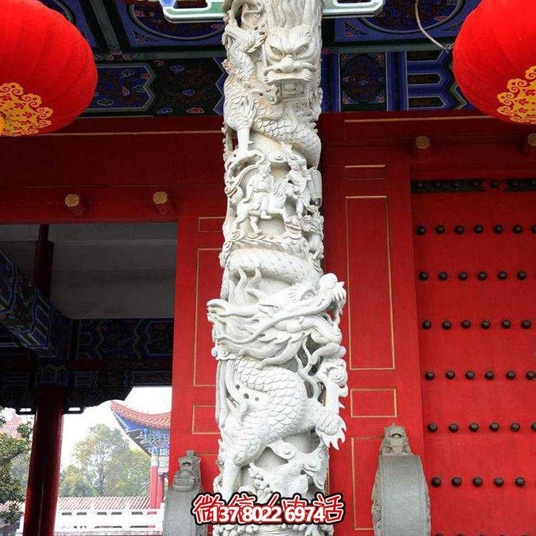 汉白玉浮雕龙盘石柱子在寺院门口摆放的艺术之美