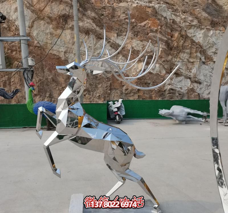 不锈钢几何雕塑梅花鹿镜面跳跃公园装饰品 不锈钢几何雕塑梅花鹿镜面跳跃公园装饰品