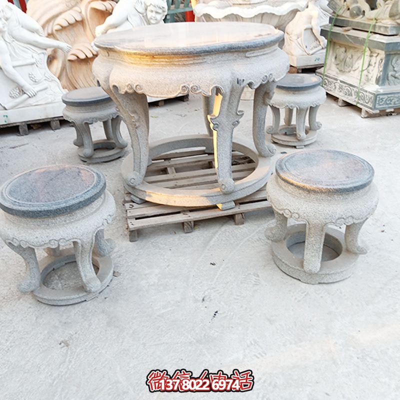 古典风情石材庭院环形石桌石凳套装 古典风情石材庭院环形石桌石凳套装