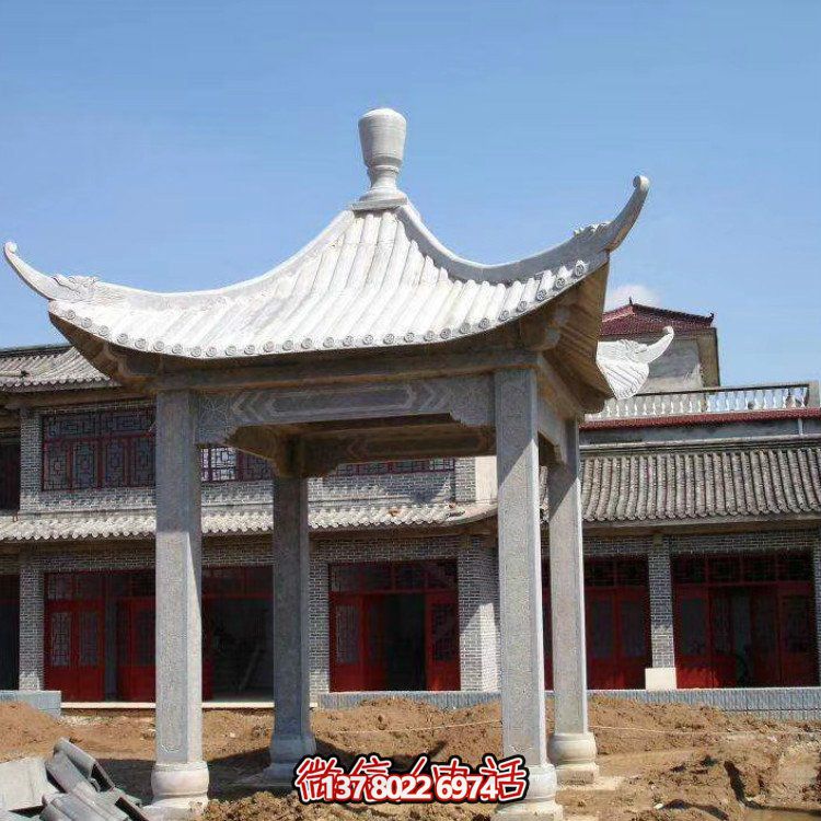 古雅红晚霞，别墅园林石凉亭石雕长廊