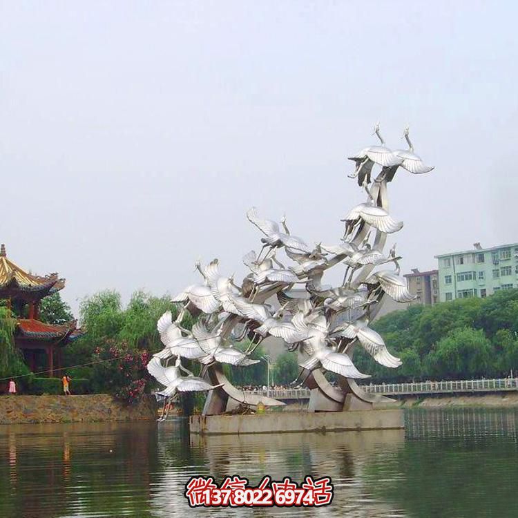 不锈钢仙鹤群水景装饰景观雕塑