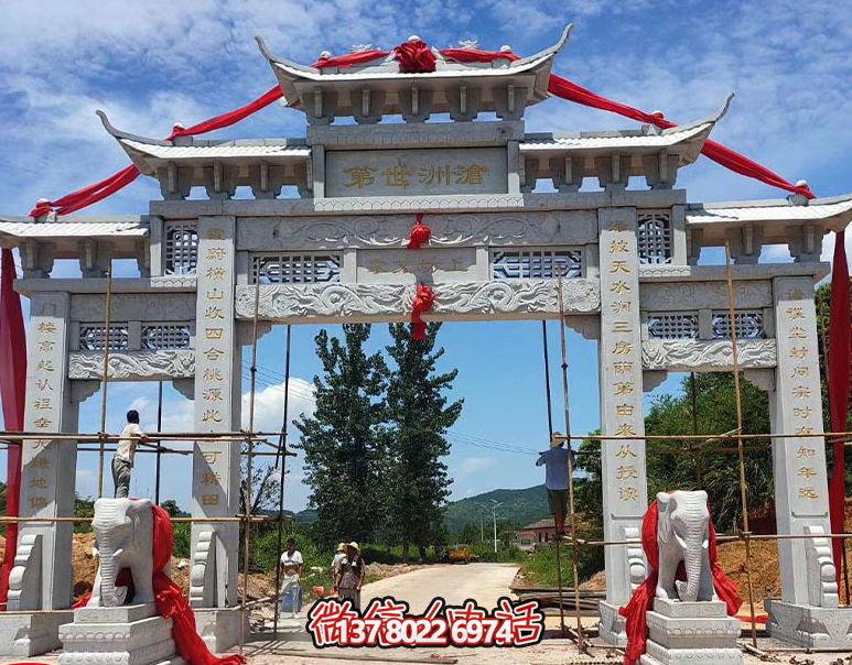 简约花岗岩村庄三门浮雕牌坊雕塑 简约花岗岩村庄三门浮雕牌坊雕塑