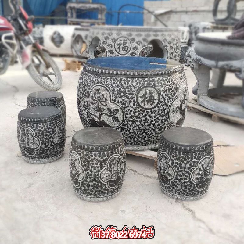 梅兰菊竹浮雕石桌石凳，休闲庭院圆形装饰