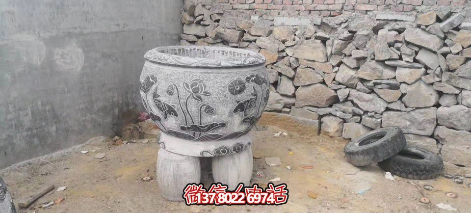 仿古庭院荷花鲤鱼浮雕石雕缸雕塑 仿古庭院荷花鲤鱼浮雕石雕缸雕塑