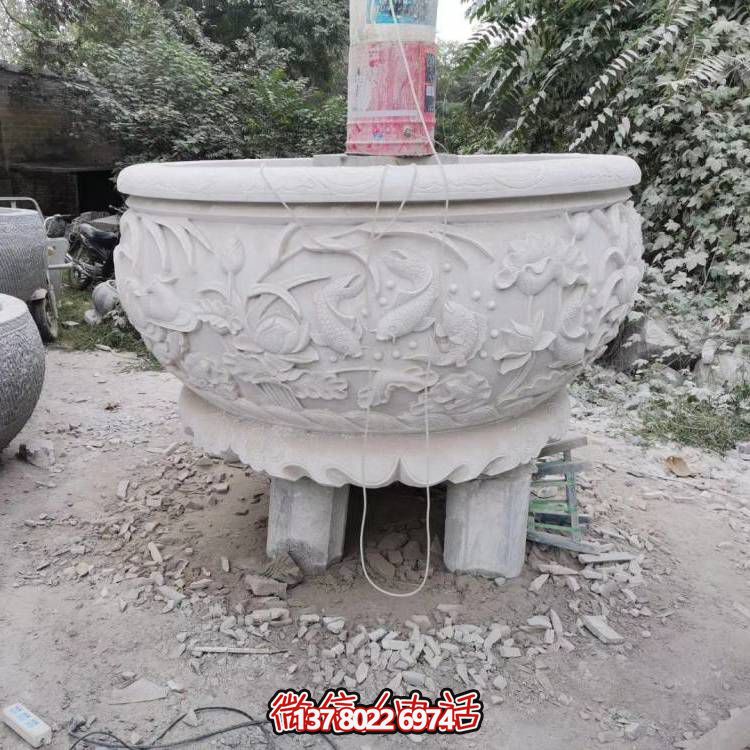 中式风格汉白玉鲤鱼浮雕水缸
