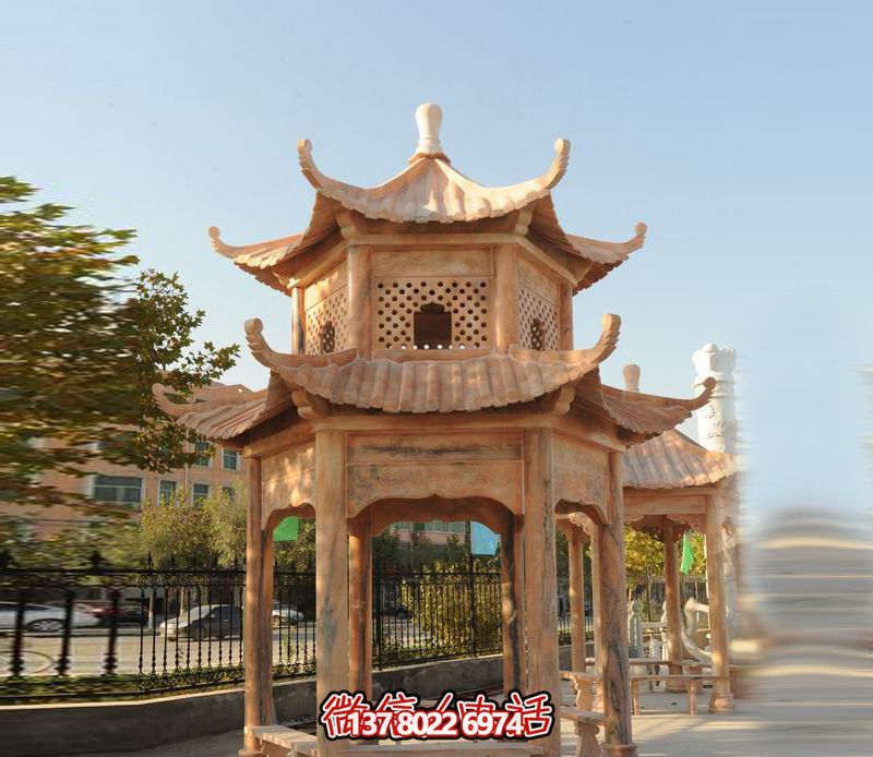 双层凉亭，让晚霞红彩点缀庭院