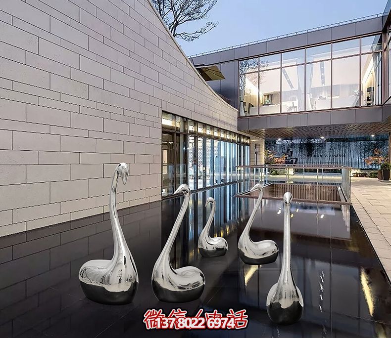 不锈钢创意天鹅雕塑，镜面水中装饰别墅