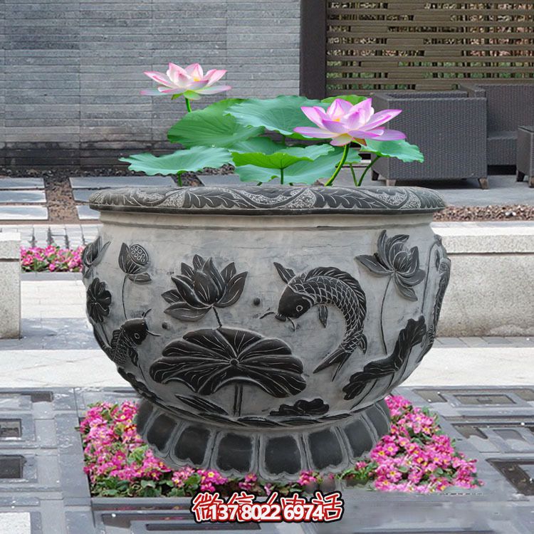 古典庭院装饰-青石浮雕水缸荷花雕塑 古典庭院装饰-青石浮雕水缸荷花雕塑