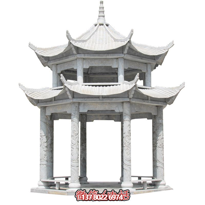 精美大理石双层柱凉亭，雕塑点缀休息亭