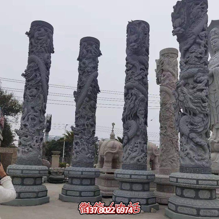青石浮雕龙柱，精美石雕园林景观装饰