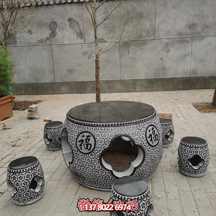 大理石浮雕鼓形圆桌圆凳