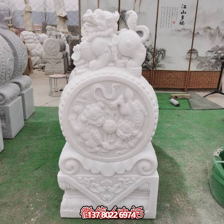 汉白玉石雕浮雕精美别墅小区抱鼓装饰品