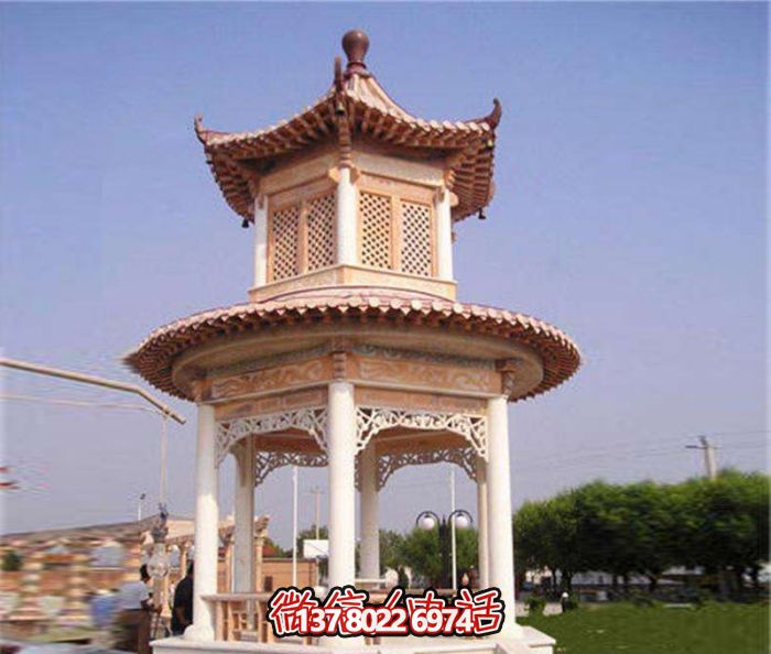 镂空雕刻凉亭，休闲享受晚霞红
