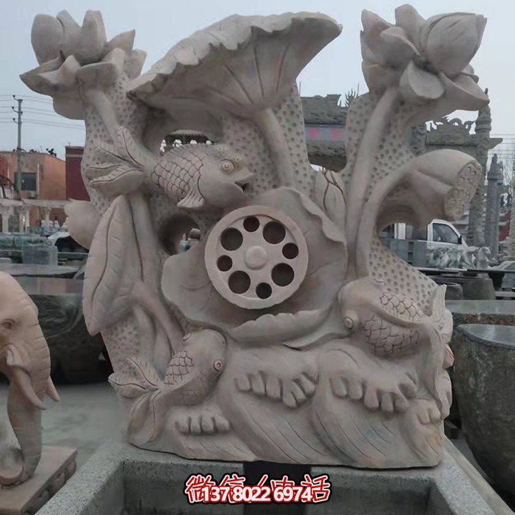 红晚霞石雕园林景区浮雕荷花鱼喷泉