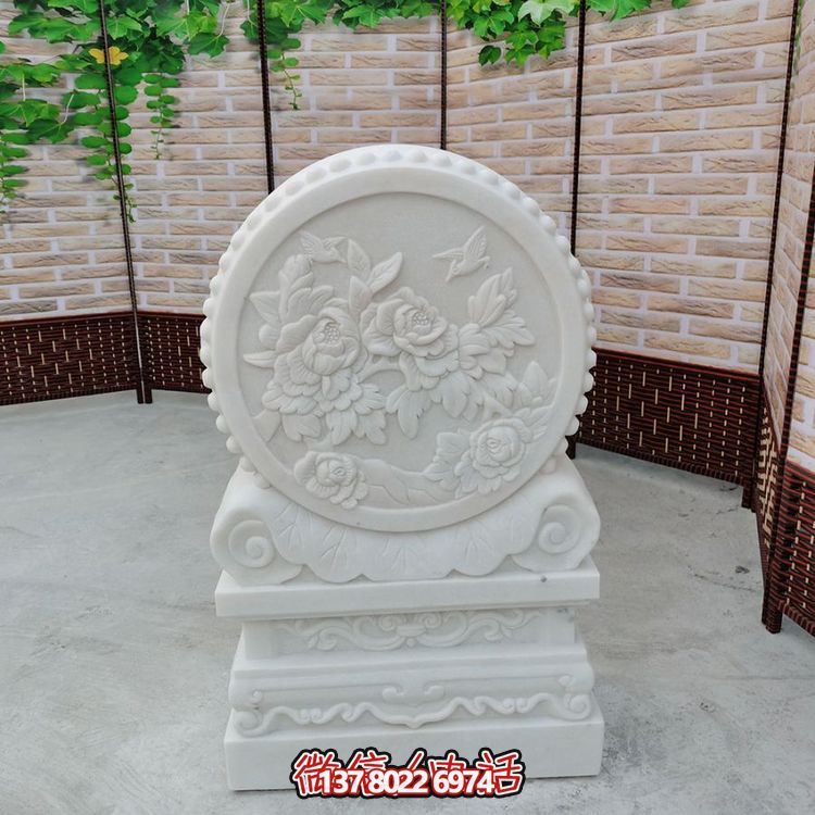 中式风格天然汉白玉石雕抱鼓浮雕门墩，花开富贵