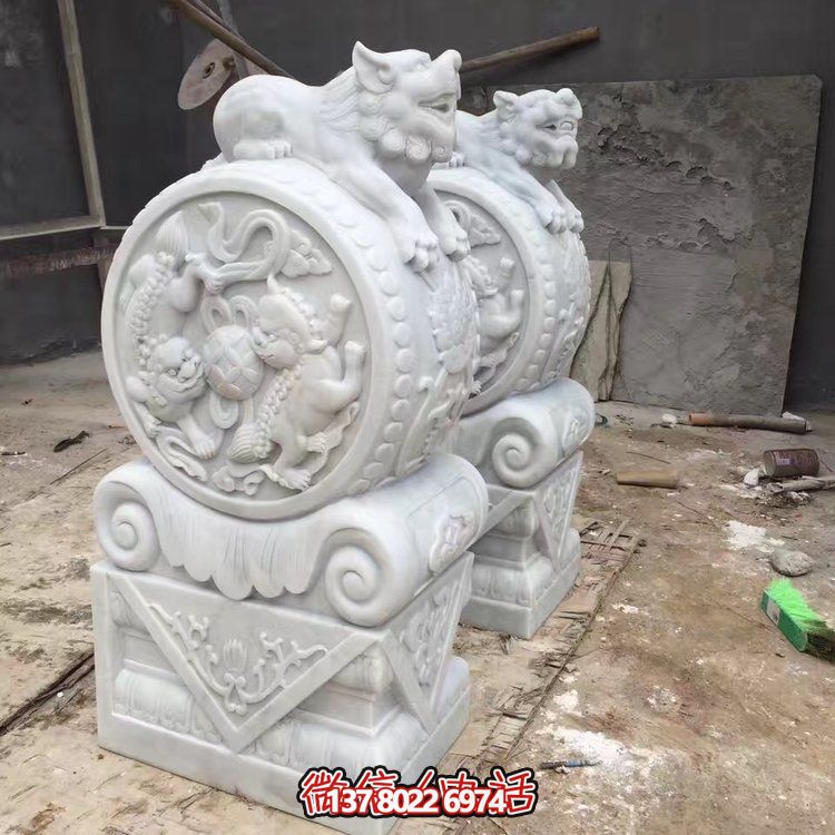 精美大理石石雕抱鼓雕塑，装点别墅庭院门口