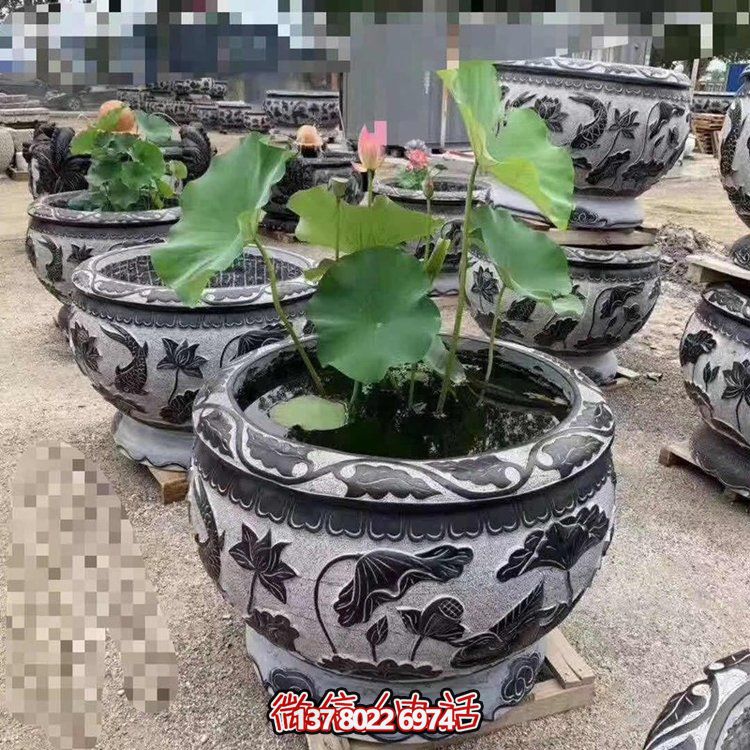 经典荷花石雕浮雕圆形水缸，装点您的庭院