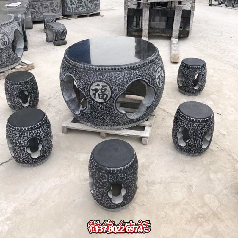 休闲石桌石凳圆鼓芝麻黑户外摆放家庭别墅装饰 休闲石桌石凳圆鼓芝麻黑户外摆放家庭别墅装饰