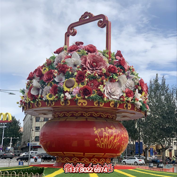艺术彩绘大型户外景观玻璃钢花篮雕塑 艺术彩绘大型户外景观玻璃钢花篮雕塑