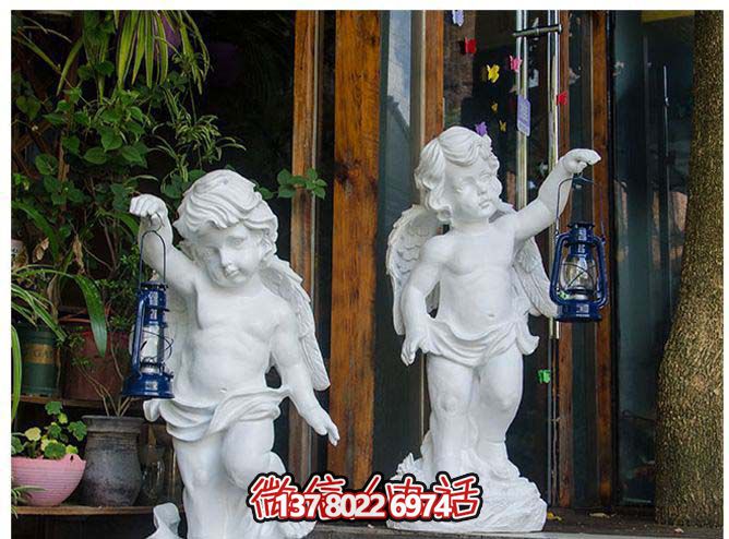 精美灵动的汉白玉提灯小天使石雕 精美灵动的汉白玉提灯小天使石雕