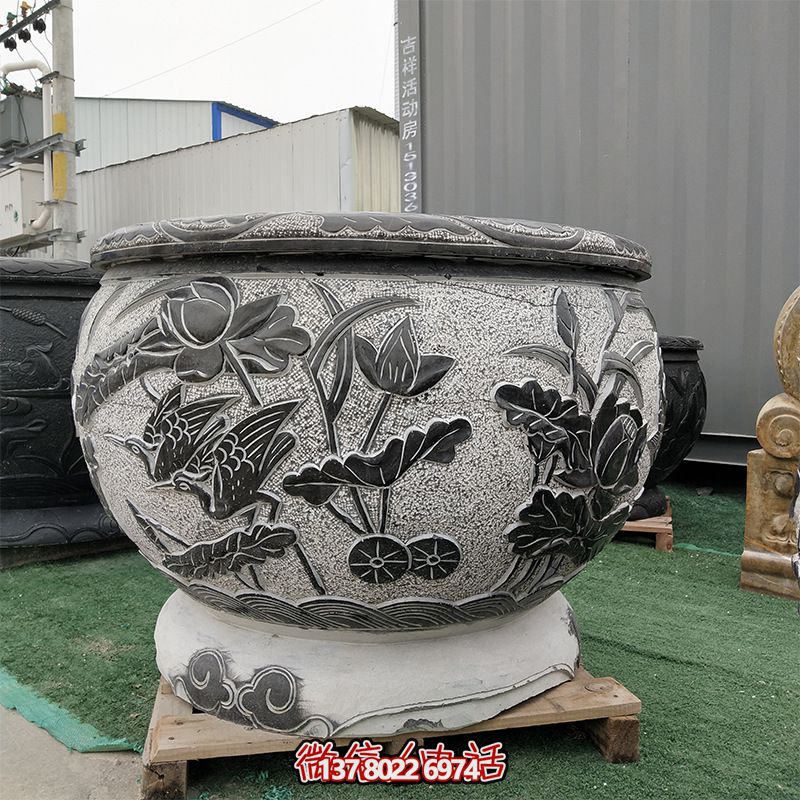 青石仿古石雕园林庭院浮雕莲花缸雕塑 青石仿古石雕园林庭院浮雕莲花缸雕塑