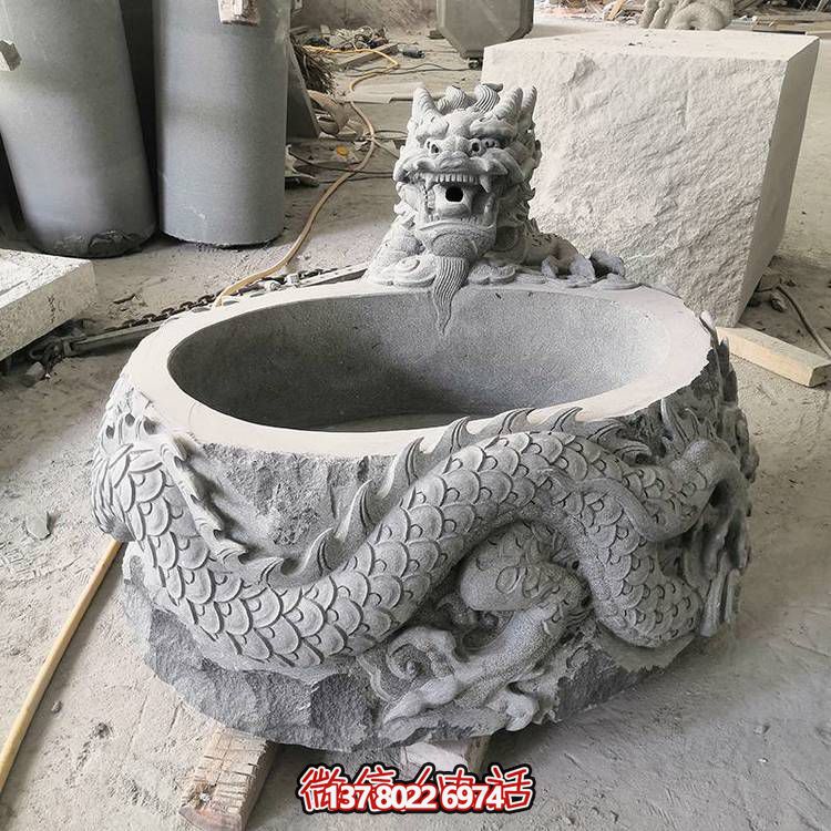 仿古石缸水缸青石龙形浮雕雕塑，为您的庭院增添一抹古朴