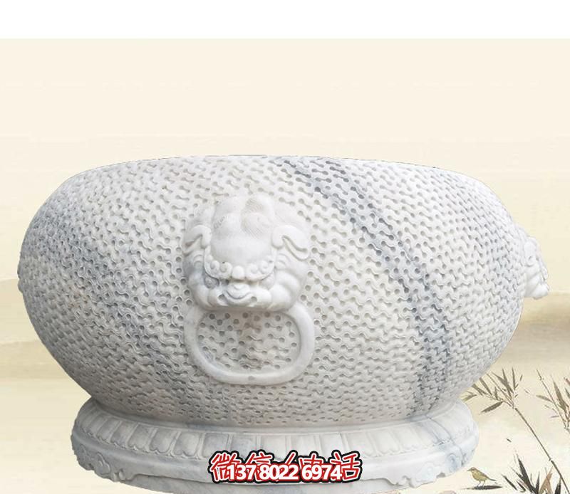 精美狴犴圆形雕塑，点缀庭院水缸浮雕