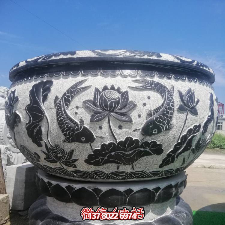 复古石雕圆形花盆流水石缸鱼缸