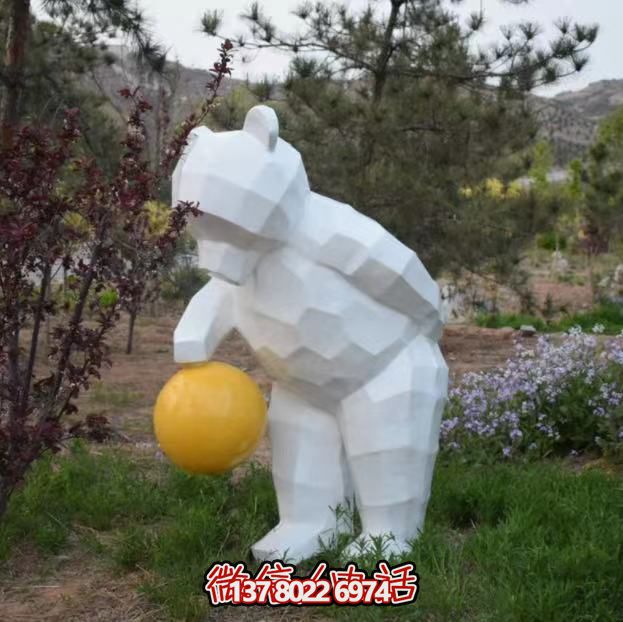 大型不锈钢几何创意拍球熊雕塑