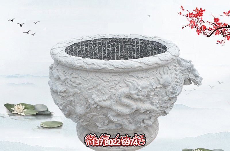 汉白玉石雕龙浮雕水缸雕塑，为庭院增添优雅气息