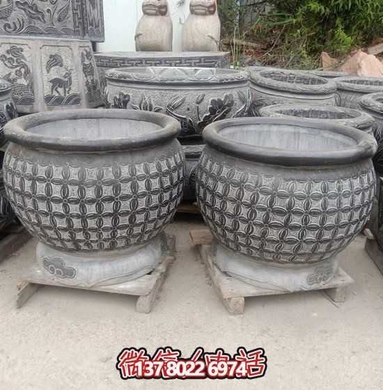 自然美学结合青石石雕、浮雕、编织、雕塑的户外园林鱼缸