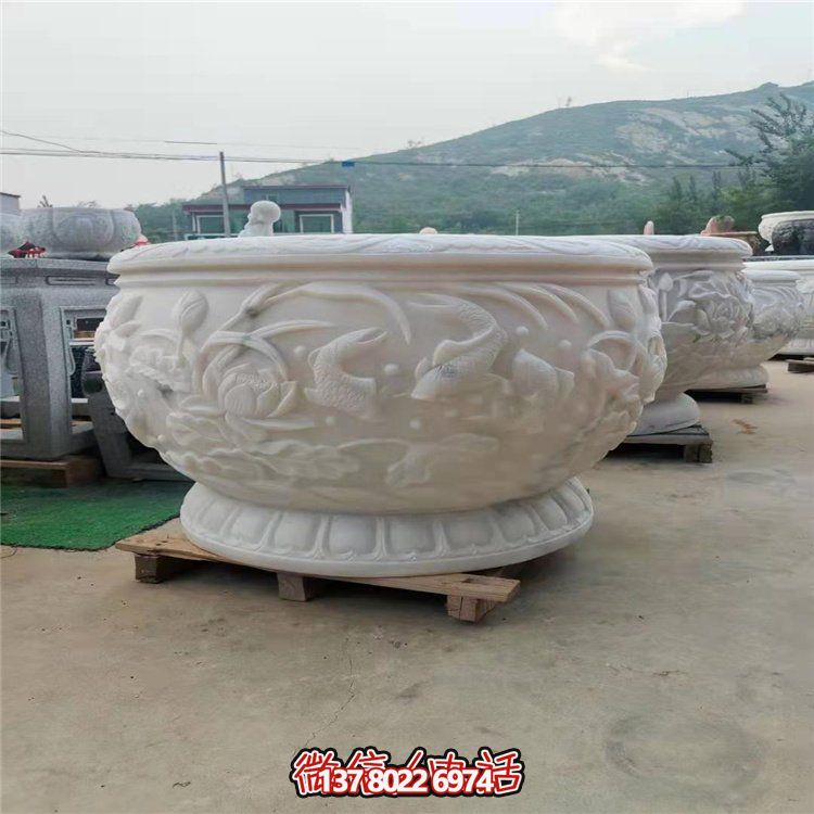 古典经典，汉白玉鲤鱼雕刻圆形水缸