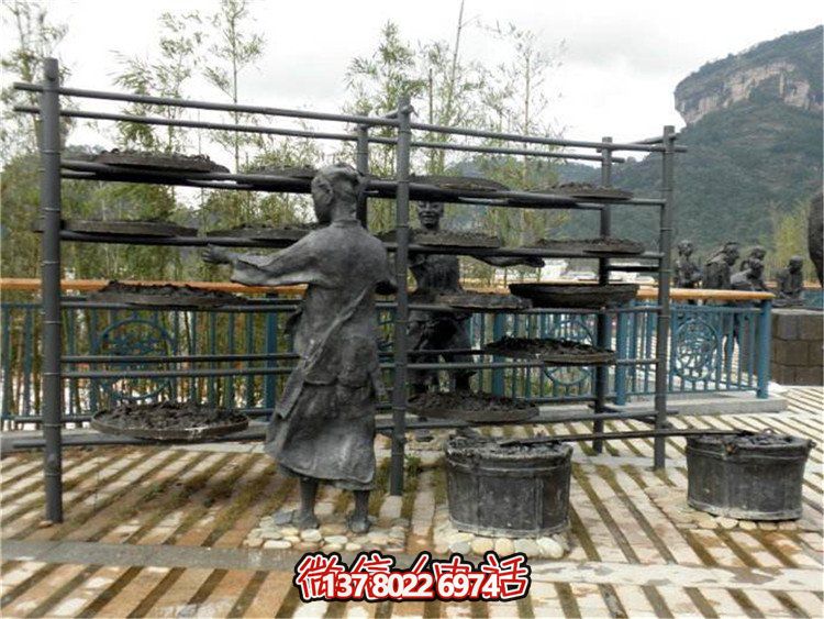 玻璃钢仿真茶文化雕塑，大型户外晒铜人物