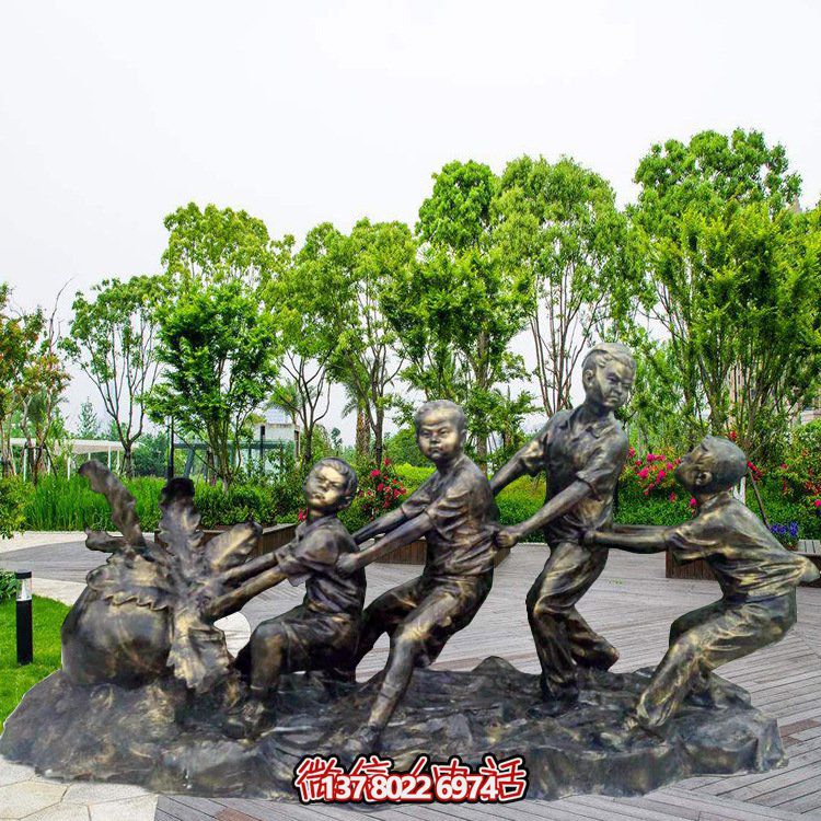 儿童拔萝卜仿铜雕塑玻璃钢主题场景装饰