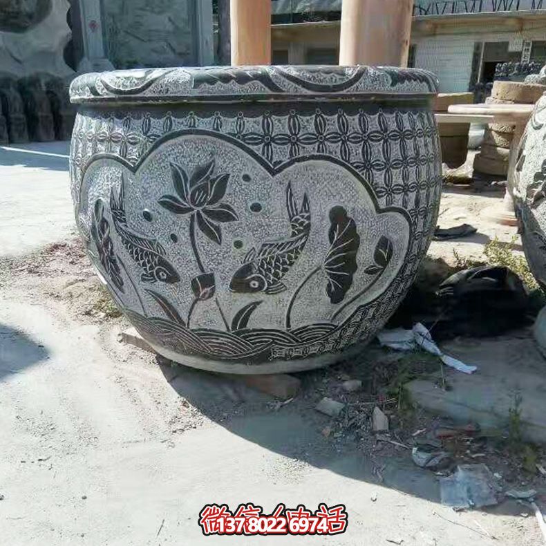 青石双鱼莲花雕塑，养花缸精美装饰