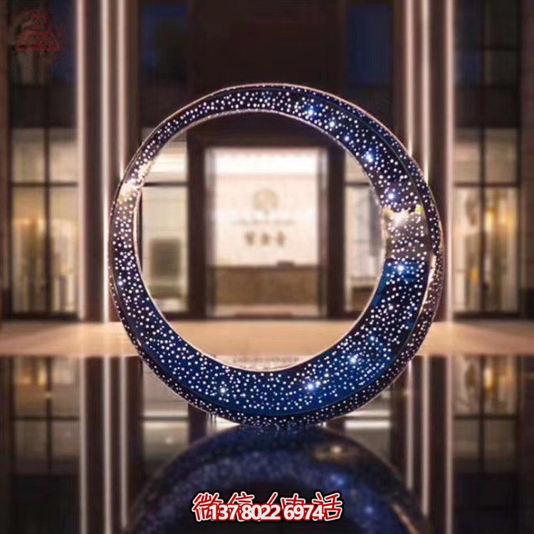 酒店大型不锈钢镂空水景圆环摆件