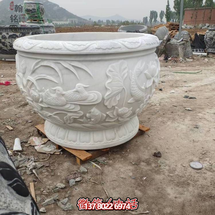 天然石材浮雕鸳鸯鲤鱼动物荷花水缸别墅摆件